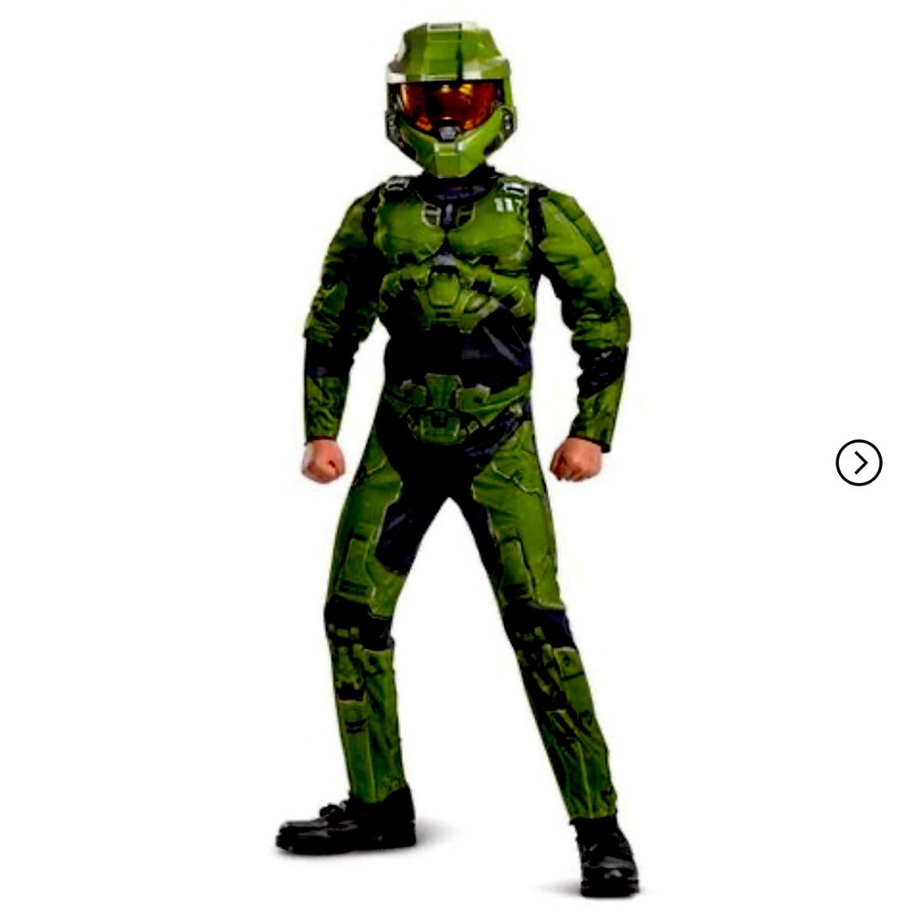 Halo Infinite Master Chief Costume Muscle Padded Video Game Jumpsuit & Helmet S